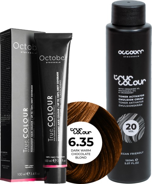 Hair dye products in black bottles and boxes, with labels indicating shades like dark warm chocolate, blonde, and volume 20.