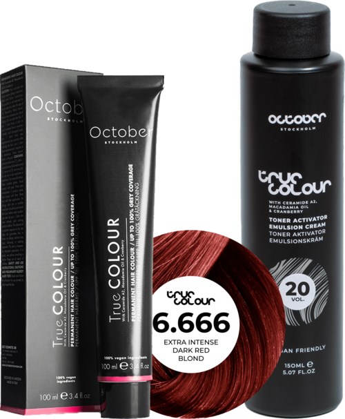 Black bottle and box of hair dye, red hair color swatch, product names and details in white text.