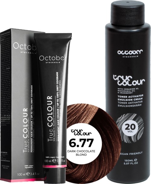A hair dye kit with a black box and tube, brown hair color sample label, and a black bottle of toner spray.