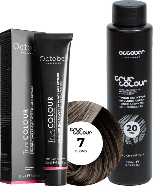 Black tube and spray bottle of hair coloring products, box, and hair wig with labeled color and volume.
