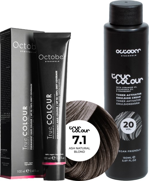 Black hair dye bottle and tube with brand name October, and a hair swatch labeled 7.1 Ash Natural Blond.