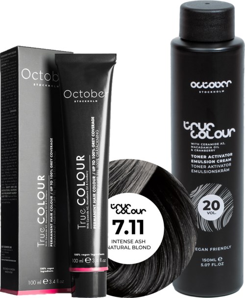 Black hair dye bottle and tube with brand name Octa or True Colour, and a black hair wig or hair.