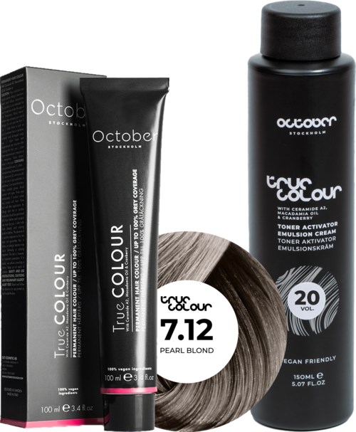 Hair dye and toner products labeled Octobe, with dark packaging and a hair sample.