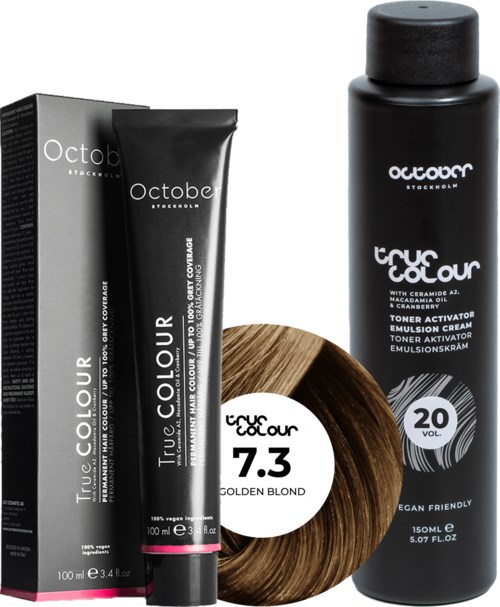 Black hair toner and hair dye tube, with a wooden bowl and a large water bottle next to it.