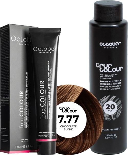 Black hair dye tube and bottle, with label, and brown hair section, indicating hair coloring products.