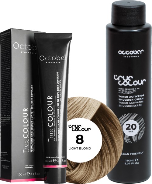 Hair dye tube, bottle of toner, and hair color sample in light blonde shade.
