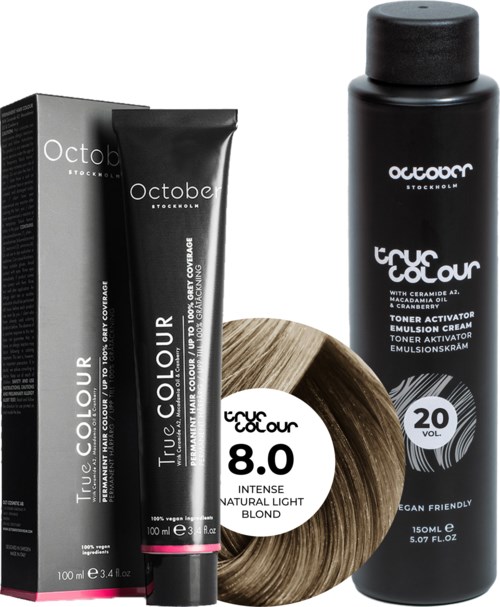 Black shampoo bottle, hair dye, and hair swatch are shown. Product name is 'True Colour' with volume 150ml.