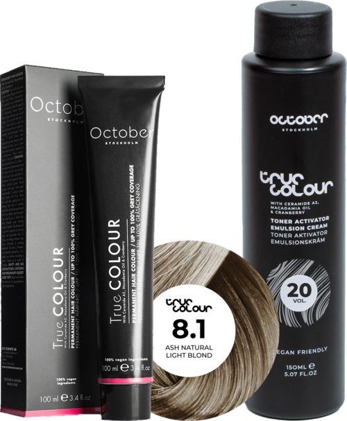 A set of hair dye products in black packaging, including a tube, a bottle, and a box, with shades for light blond hair.