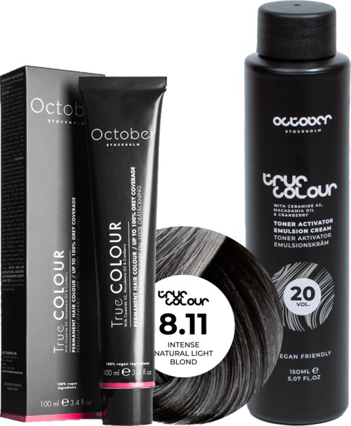Black shampoo and hair dye packaging, the name 'October' and 'True Colour' are visible, with a hair strand image.