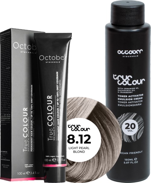 Black hair dye and toner spray for blonde hair, labeled 'True Colour' by Octobor.
