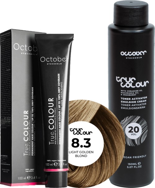 A box and tube of hair color, a bottle of toner, and a hair color swatch with a label.