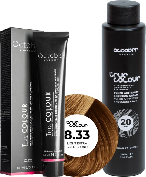 Black hair dye tube, box, and bottle with white and silver text, and a brown hair sample on a wooden surface.