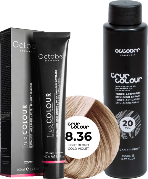 Hair dye box and tube with light blond color, gold violet label, and a bottle of toner activator.