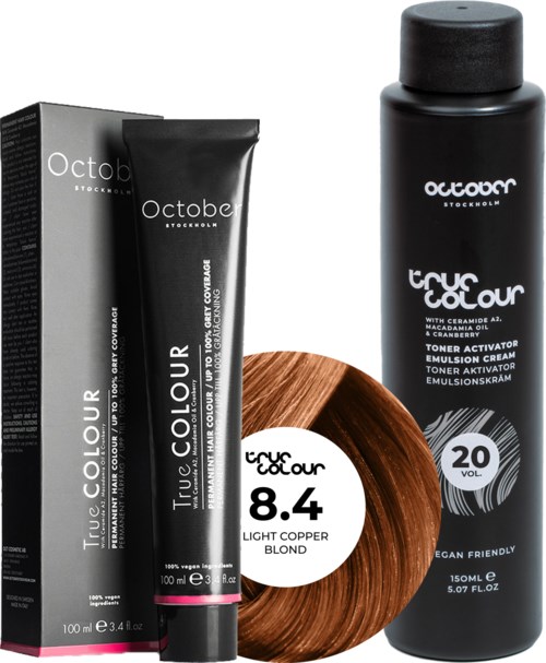 Hair dye and toner in black packaging with white text, a round label shows color and volume details.