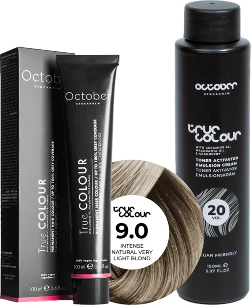 Hair dye kit includes a black bottle, a box, and a light blonde hair bundle, all labeled with brand and product details.