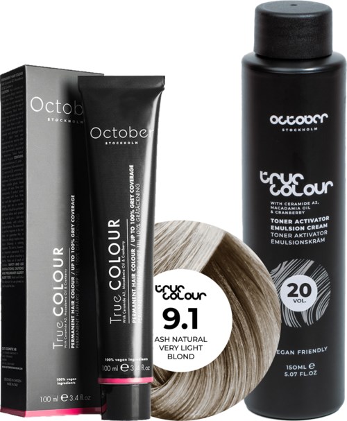 Hair dye box, tube, and bottle of toner for blonde hair, labels with brand and product details.