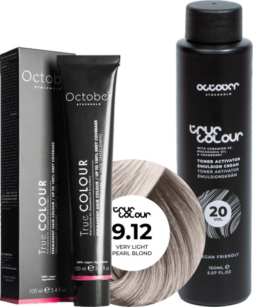 It shows hair dye and toner, labeled with color names like Pearl Blond and 9.12, and their packaging.