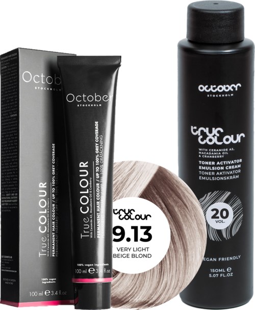 Black hair toner and color cream with beige blonde hair swatch in the foreground.