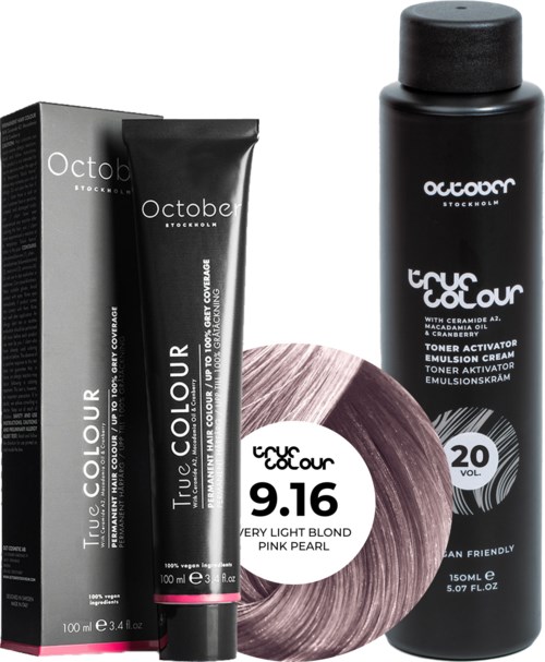 A black hair dye tube, a matching box, a bottle of toner, and a hair color swatch in pink and purple shades.