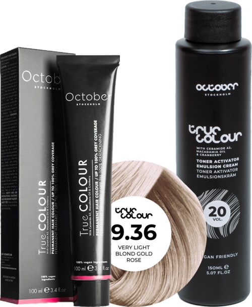 Black hair coloring products, one tube, one bottle, and a hair dye color wheel with light blonde and gold shades.
