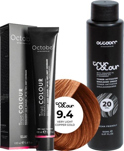 A black bottle of hair toner, a black box, and a hair color sample in copper gold are shown.