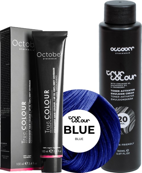 A black bottle, a matching black tube, a box, and a blue yarn with a label that says "Blue."