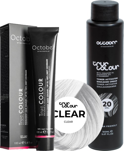 A hair dye set with black bottle, tube, box, and a hair color swatch. Labels say 'True Colour' and 'Clear'.