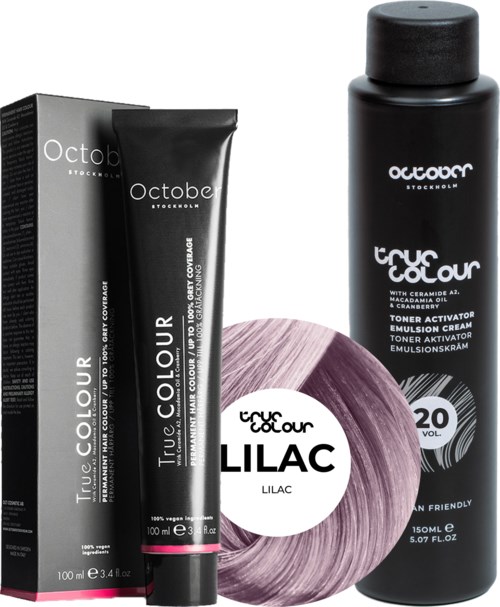 Hair dye products: one box, one tube, and one bottle in black packaging for lilac color.