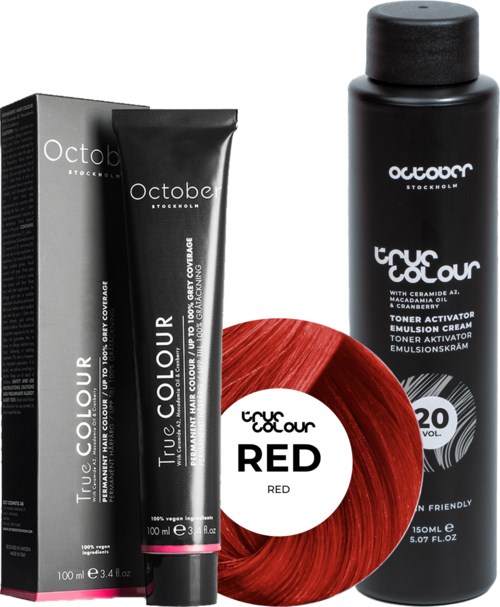 The image shows hair dye products, including a tube, a box, and a bottle, with red tint and product labels.