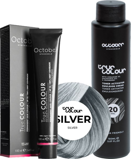 A hair care set includes a black tube, a black bottle, a box, and a silver-colored container.