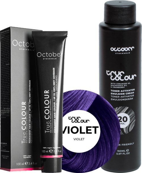 A hair dye kit with violet color, including a tube of dye, a bottle, and a coil of violet hair color.