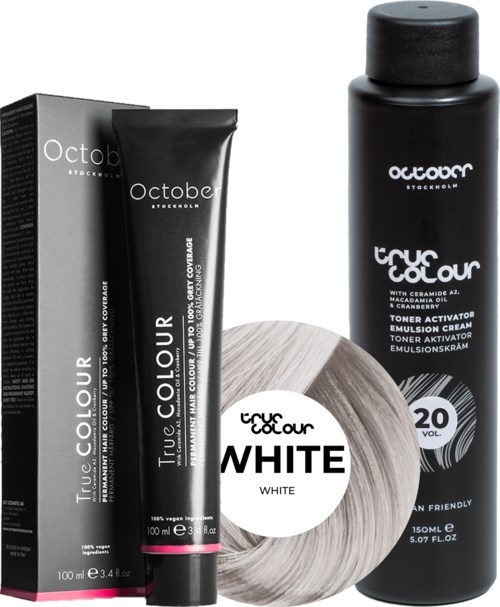 Hair color product with black bottle, white label, and a round product container. Includes text like 'True Colour' and 'White'.