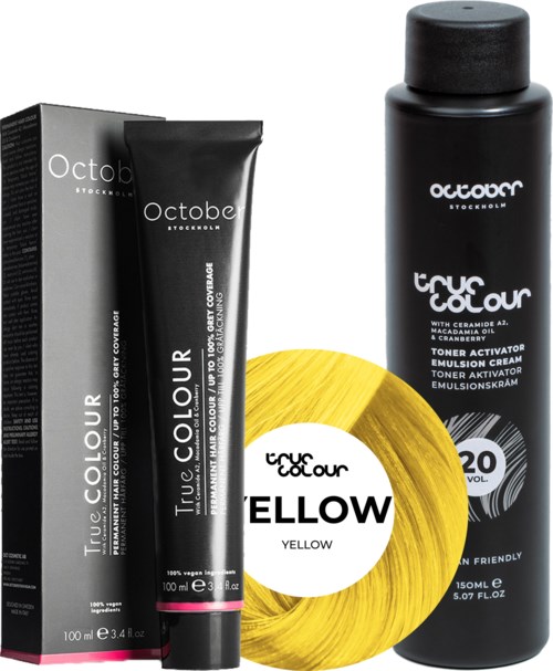 A hair color kit with a black tube, a box, a yellow dye, and a black spray bottle for hair dyeing.