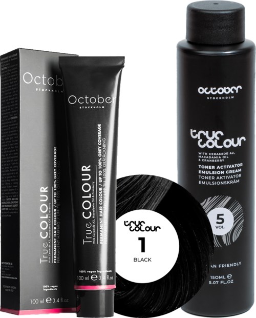 Black hair toner product with a black tube, packaging box, a small vinyl record label, and a bottle of toner spray.