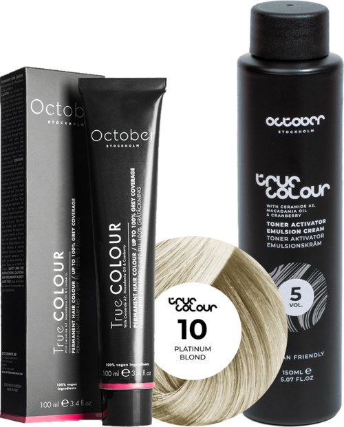 Hair bleaching product including toner, cream, and a blonde hair sample. All are in black packaging with white text.