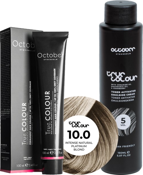Hair dye package with black tube, lotion bottle, and a hair color swatch. Labels mention 'True Colour' and '10.0'.