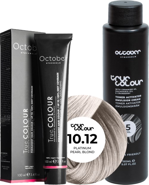 Hair dye kit with a black tube, a bottle, a color swatch, and packaging from Octobor Stockholm.
