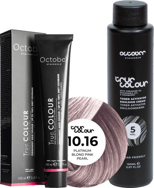 A hair dye set with a black bottle, a tube, boxed packaging, and a color swatch for platinum blond pink.