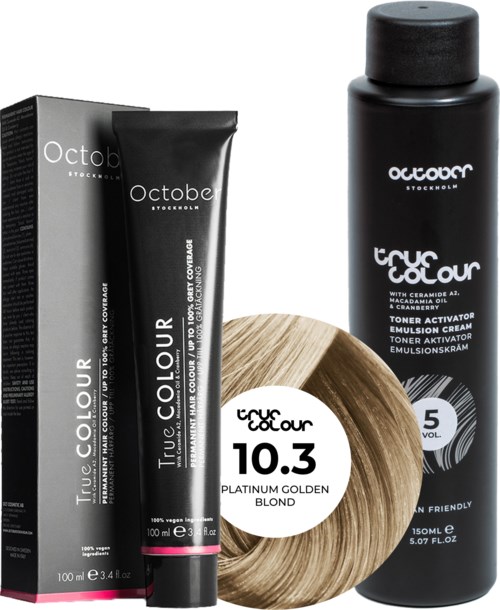 A hair coloring kit includes a black bottle, a tube, a box, and a hair color sample labeled '10.3 Platinum Golden Blond.'