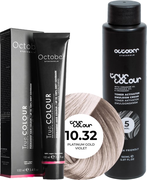 Hair color products including a box, tube, and spray bottle with black packaging. Packaging has white and pink text.