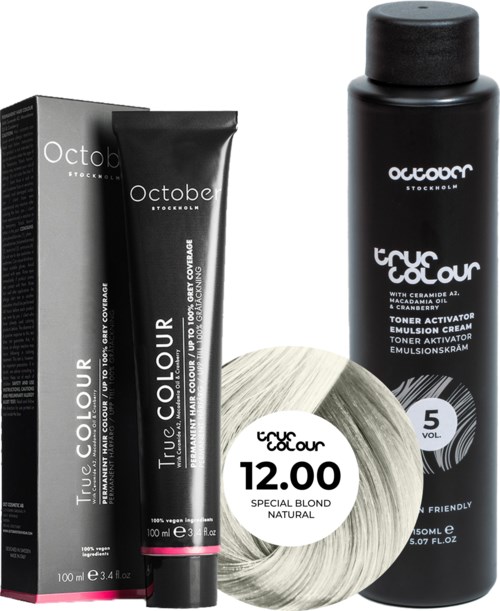The image shows hair dye products: a black box, a tube, a bottle, and a hair roll.