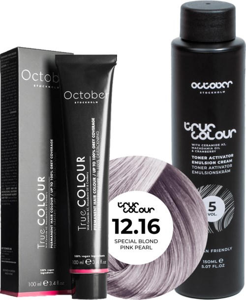 Hair color product with a black bottle, cream tube, boxed packaging, and a hair color sample in pink pearl shade.