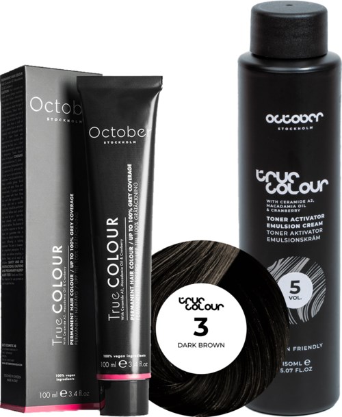 Black hair dye product with a tube, a box, a small container, and a spray can, all labeled 'October True Colour'.