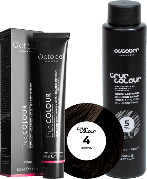 A hair dye kit with a black tube, a box, a bottle, and a color wheel showing brown and volume 5.