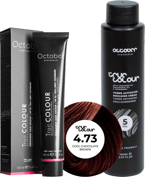 Black hair dye bottle and box with labels for true colour. Brown hair color sample and product details.