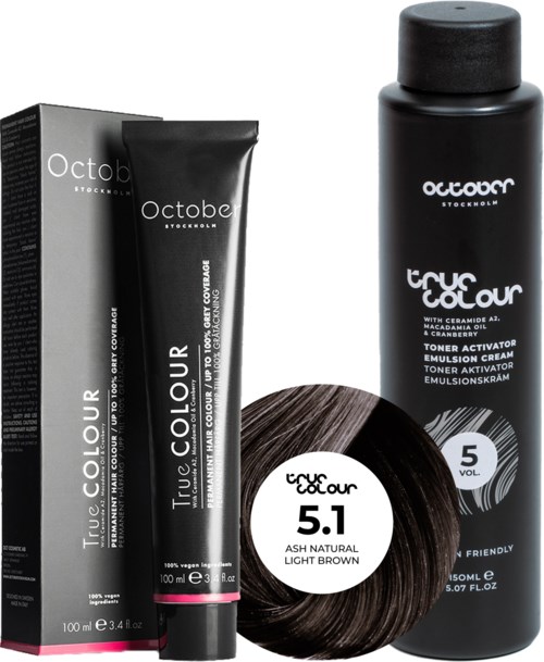A black hair dye bottle, box, and a hair swatch labeled 'True Colour 5.1 Light Brown' with notes on hair color.