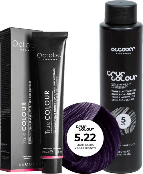 A black bottle of hair toner, purple hair color ball, and a box of hair dye from October store.