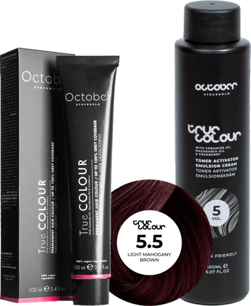 Hair dye bottle and box in black with white and pink text, showing color 5.5 Light Mahogany Brown.
