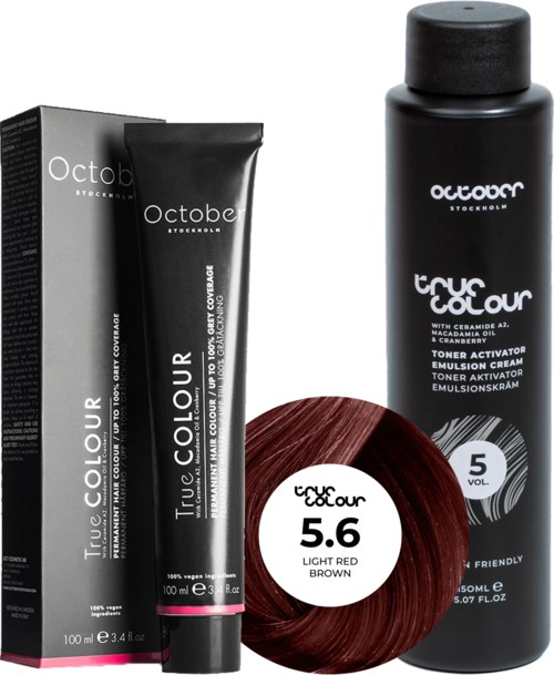 Hair color cream, toner, and box with shades of red and brown, labeled "5.6" for light red brown.