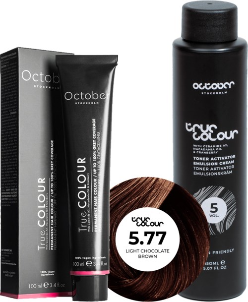 Hair dye product in black bottle and box, with a hair color sample showing brown shade, 100ml size.